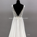 Sexy Illusion V Neck Flower Pattern Sleeveless Bride Gown Backless Wedding Dress White